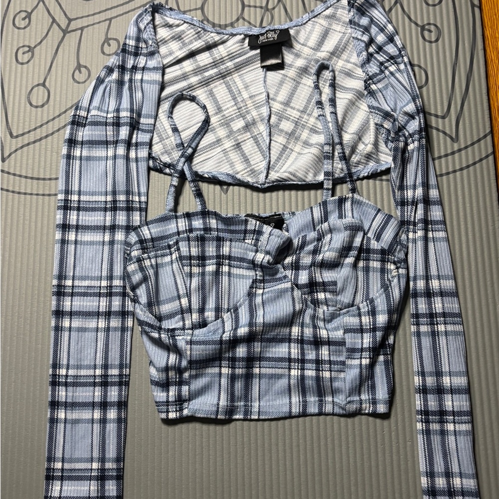 Blue Plaid Long Sleeve Crop Top